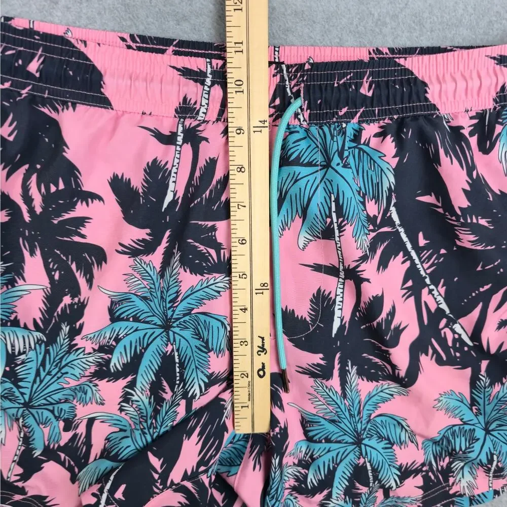 SURFCUZ Mens Medium Pink Swim Trunks Black Blue Palm Tree Pattern Drawstring